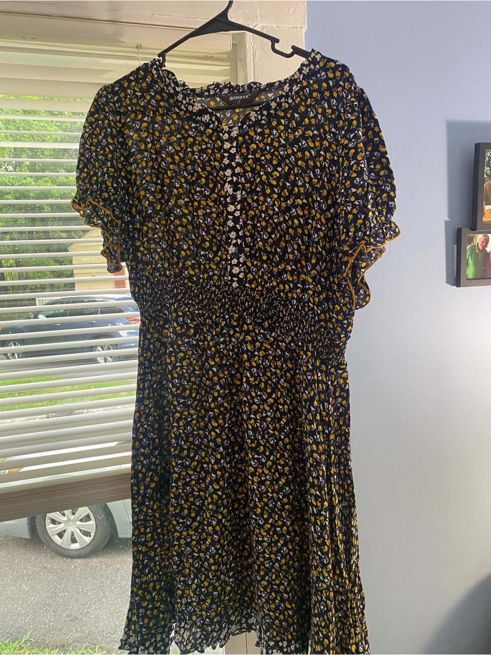 Allegra K Navy Floral Midi Dress with Yellow Accents